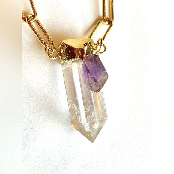 SALE 24k Gold Filled Quartz Point with Amethyst Necklace 19 inches - Picture 7 of 7